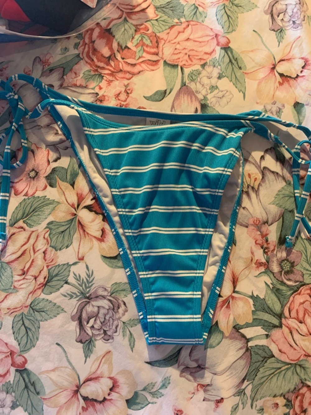 wild fable Teal & White Striped Tie-Side Bikini Bottoms Size Large